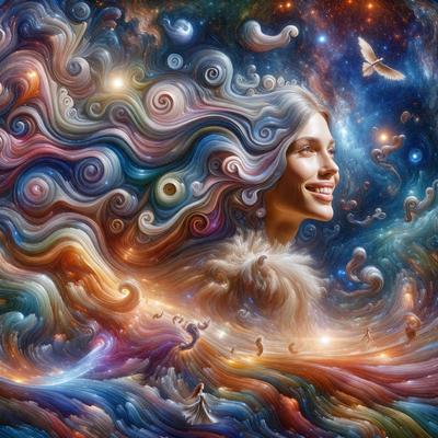 The primary subject of the image is a woman with long, flowing hair. She is smiling and appears to be the main focus of the scene. The setting is a colorful, swirling background that adds a vibrant and lively atmosphere to the image. The visual style is a combination of digital art and illustration, creating a unique and eye-catching piece of art. The colors and mood of the image are predominantly bright and cheerful, with the woman's smile and the swirling background
